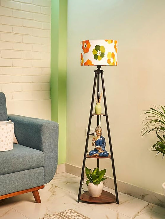 Decore Tales Metal Floor Lamp with Shelves – 3-Tier Storage & LED Light, Yellow Finish | Modern Standing Lamp for Living Room, Bedroom & Office