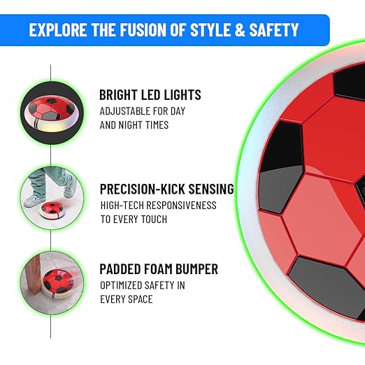 Decore Tales Rechargeable Hover Football Toy – Indoor Floating Air Soccer with USB-C Charging | LED Hoverball for Kids (2–10 Years) | Made in India, Red