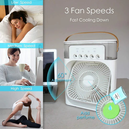 Portable Mini Air Cooler with LED Lights – 3 Speed Fan, 3 Spray Modes, Timer – Compact AC for Home, Office, Dorm, Travel – Multicolor