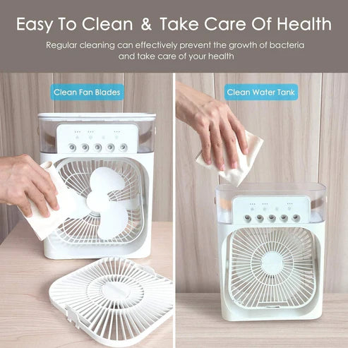 Portable Mini Air Cooler with LED Lights – 3 Speed Fan, 3 Spray Modes, Timer – Compact AC for Home, Office, Dorm, Travel – Multicolor
