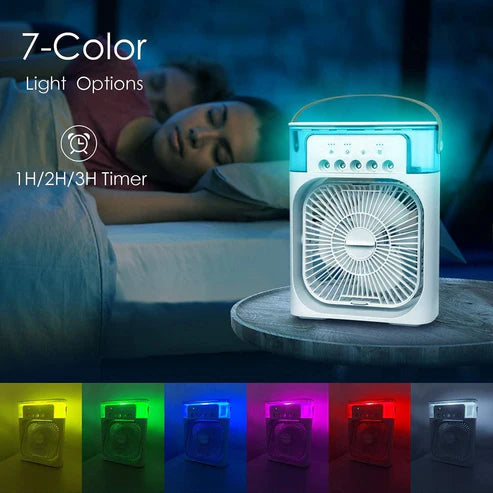 Portable Mini Air Cooler with LED Lights – 3 Speed Fan, 3 Spray Modes, Timer – Compact AC for Home, Office, Dorm, Travel – Multicolor
