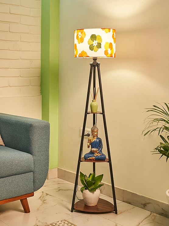 Decore Tales Metal Floor Lamp with Shelves – 3-Tier Storage & LED Light, Yellow Finish | Modern Standing Lamp for Living Room, Bedroom & Office
