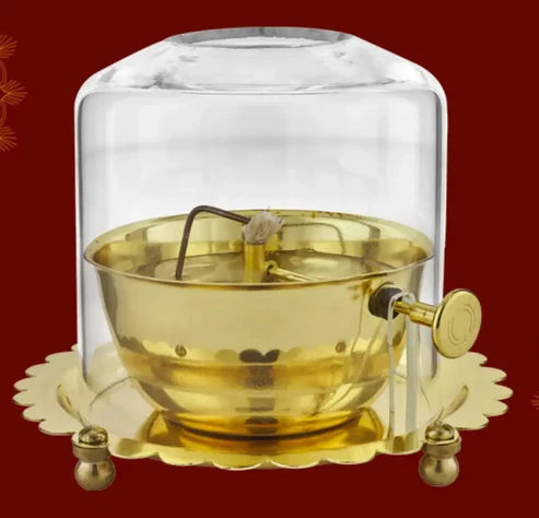 Shri Akhand Jyot Brass (PURE पीतल) DIYA & COVER - Baati Lifting Lever Screw