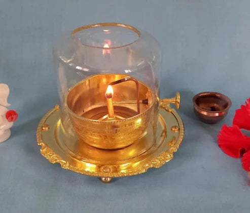 Shri Akhand Jyot Brass (PURE पीतल) DIYA & COVER - Baati Lifting Lever Screw